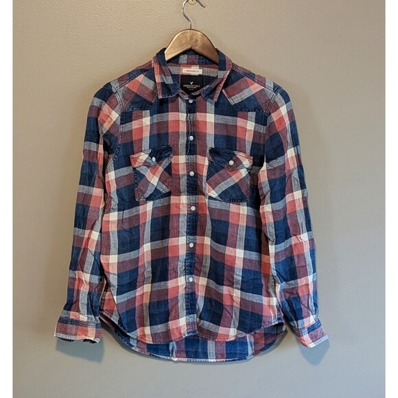 American Eagle AE Size Small Western Style Top Boyfriend Fit Plaid Shirt Womens - Picture 1 of 4